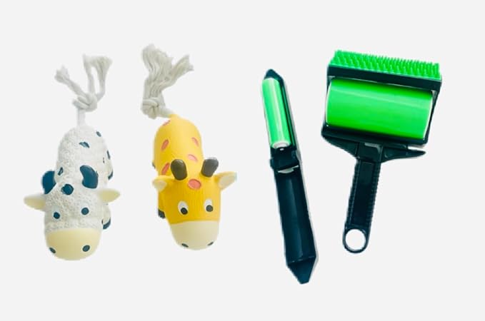 Squeaky Dog Chew Toys, 2 Cow Shaped, with Rope + Grooming Set and LINT Roller + Extra Brush (Set 4 Pieces Bundle)