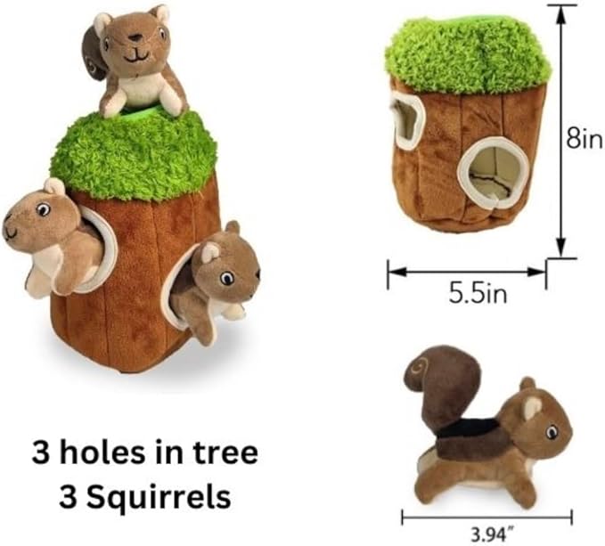 Glow Pups Squirrel in Tree Hide and Seek Plush Squirrel Inside Trunk Interactive Burrow Dog Toy for Small and Medium Size Dogs, Tree with Squirrels