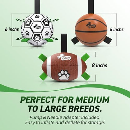 QDAN Dog Soccer Ball Football Basketball Set - 3 PCS Dog Balls with Strap for Tug of War, Soccer Ball Football Toys for Small Medium Large Dogs, Herding Ball for Dogs, Dog Birthday Toy - Image 5
