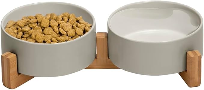 Ceramic Cat and Small Dog Bowl Set – Modern Indoor Small Size Pet Food and Water Bowls with Wood Stand – Non Slip Puppy Sized Feeding Station with Double Dishes (Gray)