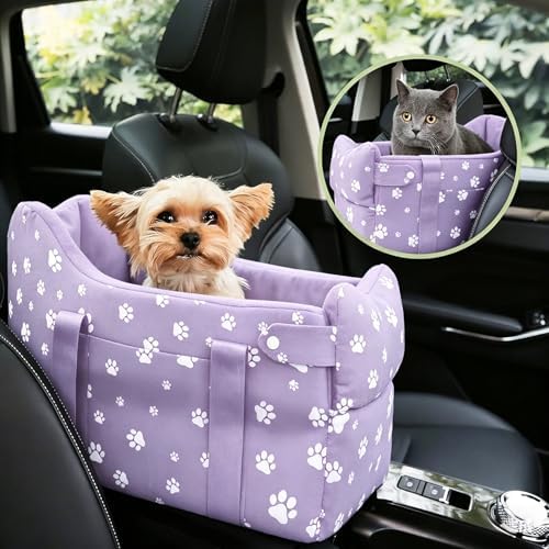 Center Console Dog Car Seat Safe Travel for Small Dogs Under 15 lbs Detachable Washable Pet Carrier with Storage Pockets & Safety Leash (Purple) by HANMEIANINC