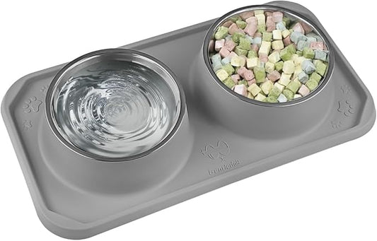Cat Bowls for Food and Water, Upgrade Cat Food Bowls for Indoor Cats, Premium Removable Stainless Steel Double Bowls with Silicone Anti-Slip Pads, Water Bowl for Cats and Dog (Drak Grey)