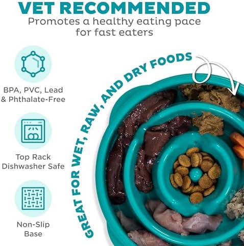 Outward Hound Fun Feeder Slo Bowl – Medium 2‑Cup Capacity, Slow Feeding, Small to Medium Dogs & Cats, Non-Slip, Turquoise, Drop Pattern - Image 3
