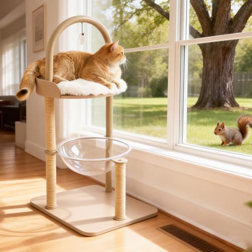 34" Modern Cat Tree Furniture for Indoor Small & Medium Cats, Minimalist Cat Tower with Scratching Posts, Wood Platforms, Capsule Perch, Stable Steel Frame & Washable Cushion, Cream Beige - Image 2