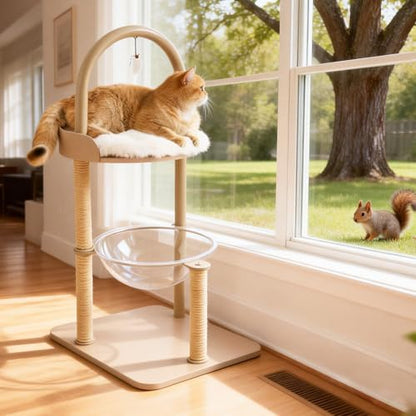 34" Modern Cat Tree Furniture for Indoor Small & Medium Cats, Minimalist Cat Tower with Scratching Posts, Wood Platforms, Capsule Perch, Stable Steel Frame & Washable Cushion, Cream Beige - Image 2