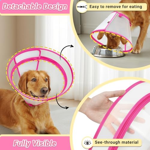 Dog Cone to Stop Licking, Clear Recovery Collar with Detachable Zipper, Sturdy Elizabethan Collar for Large Medium Small Dogs, Soft Adjustable Cone After Surgery Patented, Hot Pink S - Image 2