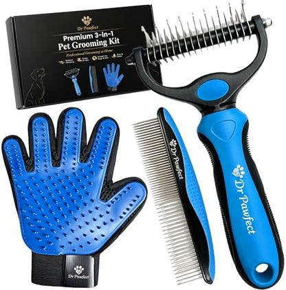 Dog and Cat Grooming Kit – Deshedding Brush, Pet Grooming Comb & Hair Grooming Glove for Shedding,Detangling & Undercoat Care, Safe for Long & Short Hair Pet, 3-in-1 Solution by DrPawfect