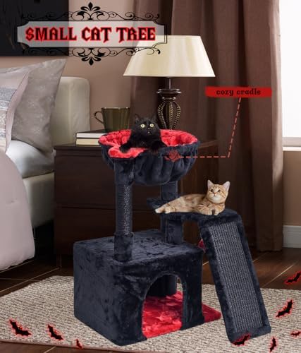 SYANDLVY Gothic Cat Tree for Indoor Cats Large Adult, Modern Activity Tower with Scratching Posts & Board, Condo with Plush Perch, Cradle & Hanging Ball & Spider for Play, Black - Image 5
