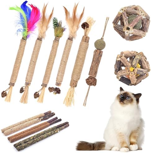 TINDTOP Cat Chew Toys, 12 Pack Silvervine Chew Sticks with 2 Pack Cage Balls for Kittens Teeth Cleaning, Matatabi Dental Care, Increase Appetite, Aggressive Chewers Cat Dental Toy by TINDTOP