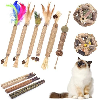 TINDTOP Cat Chew Toys, 12 Pack Silvervine Chew Sticks with 2 Pack Cage Balls for Kittens Teeth Cleaning, Matatabi Dental Care, Increase Appetite, Aggressive Chewers Cat Dental Toy by TINDTOP