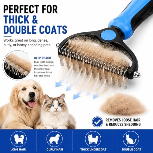 2-in-1 Pet Grooming Tool for Dogs & Cats, Double Sided Dematting Brush Set, Dual Teeth Pet Deshedding Comb for Shedding Fur Removal, Professional Grooming Rake for Long & Short Hair - Image 5