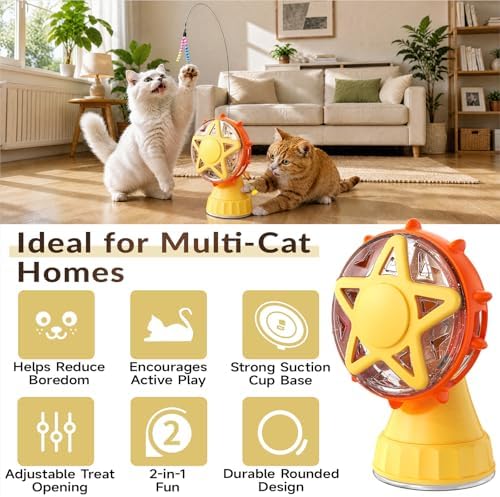 Interactive Cat Treat Dispenser, 2-in-1 Slow Feeder & Wand, Yellow - Image 2