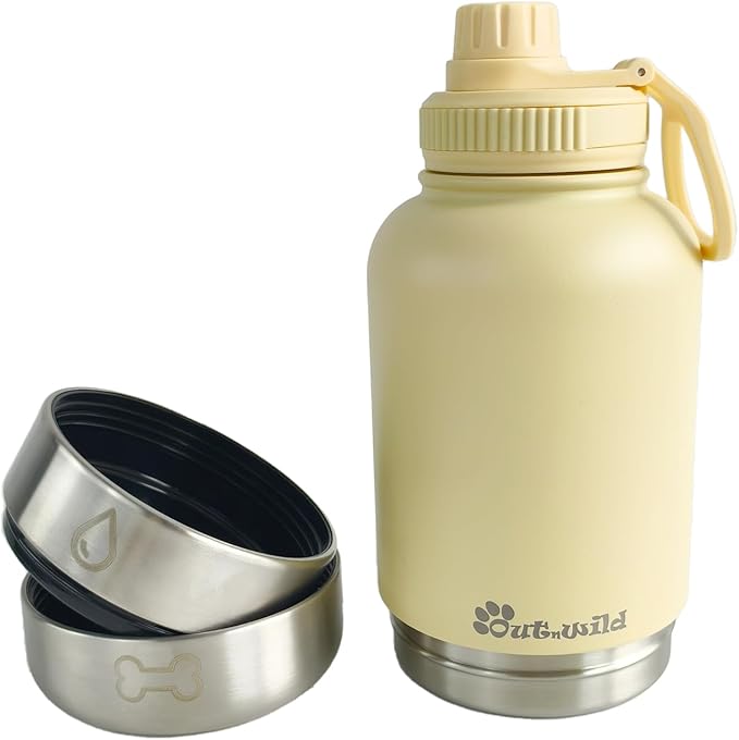 OUT 'N WILD Portable Dog Insulated Water Bottle & Bowls - All-in-One Travel Accessories Pet Food & Liquids for Car, Hiking, Camping - Leak-Proof, Double Walled - 32 oz, 2 Dog Bowls, Beige