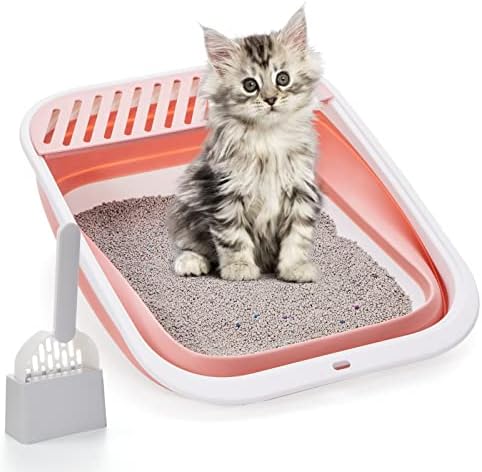 Open Top Cat Litter Box, Large Foldable Cat Potty Height-Adjustable Sides Anti-Splash, Open Air Kitty Litter Pan No Smell, Cat Toilet Easy Clean with Cat Litter Scoop (Pink) by TomteNisse