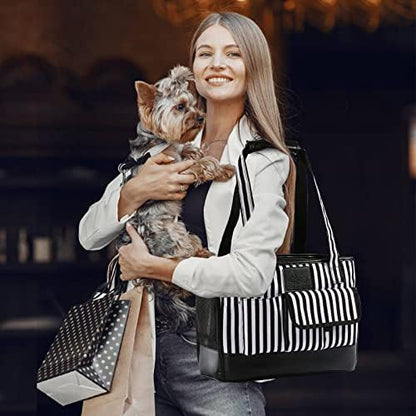 Cat Carrier, Dog Carrier, Pet Carrier, Foldable Waterproof Premium PU Leather Oxford Cloth Dog Purse, Portable Bag Carrier for Small to Medium Cat and Small Dog - Black White Stripes New - Image 6