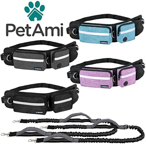 PetAmi Hands Free Dog Leash, Dog Running Leash Belt Bag for Walking, Jogging, Dog Waist Double Zipper Pouch with Poop Bag Dispenser, Dual Padded Handles Reflective Bungee Leash, Double (Charcoal Grey) - Image 7