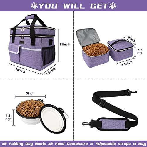 BAGLHER Dog Travel Bag for Supplies - Double-Layer Airline Approved Weekend Pet Travel Organizer Set for Dog and Cat Tote with 2 Pet Food Containers and 2 Collapsible Silicone Bowls Purple - Image 2