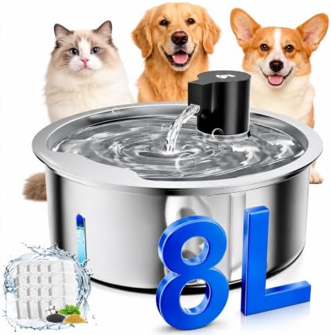 Dog Water Fountain, 8L/2.1 Gal Stainless Steel for Large Dogs & Multi-Pet by Kulobby