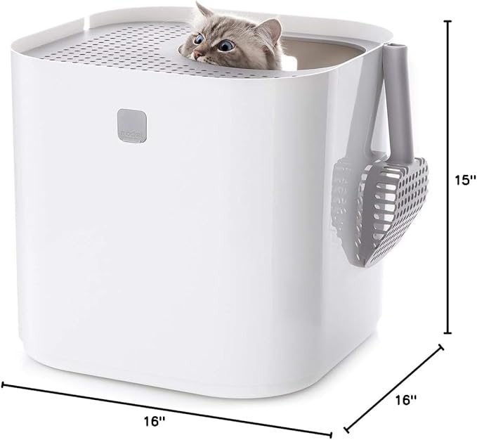 Modkat Top-Entry Litter Box - Reduces Litter Tracking, Swivel Lid for Easy Cleaning, Leak-Proof, Dog Proof - Includes Scoop & Reusable Liner White