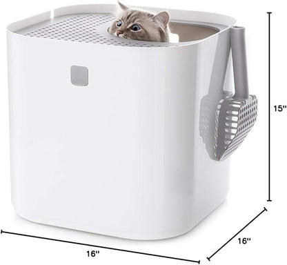 Modkat Top-Entry Litter Box - Reduces Litter Tracking, Swivel Lid for Easy Cleaning, Leak-Proof, Dog Proof - Includes Scoop & Reusable Liner White