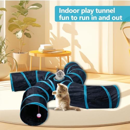 EGETOTA Cat Tunnel for Indoor Cats Large, with Play Ball S-Shape 4 Way Collapsible Interactive Peek Hole Pet Tube Toys, Puppy, Kitty, Kitten, Rabbit (S4 - Black & Blue) - Image 6
