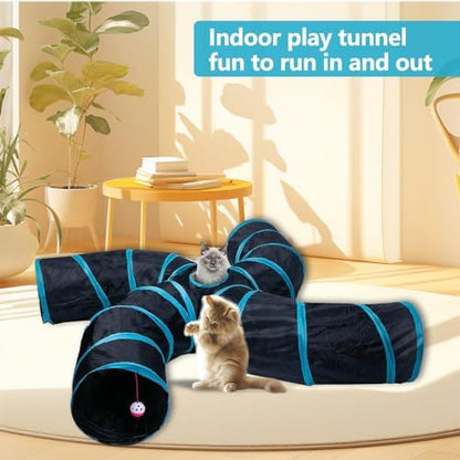 EGETOTA Cat Tunnel for Indoor Cats Large, with Play Ball S-Shape 4 Way Collapsible Interactive Peek Hole Pet Tube Toys, Puppy, Kitty, Kitten, Rabbit (S4 - Black & Blue) - Image 6