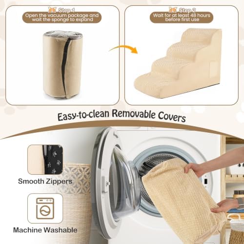Giantex Dog Ramp Stairs for Bed, 4 Tiers Foam Pet Steps for Small Dogs Puppy Cats Older, Washable Cover, High Density Foam, Non-Slip Stairs for Dogs to Get on Bed Sofa (Beige, 4 Steps) - Image 4