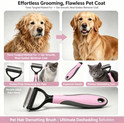 Pet Grooming Brush - Double-Sided Dematting Comb & Deshedding Tool for Dogs and Cats, Effortless Hair Removal, Ideal for Long-Haired Breeds, Reduce Shedding (1, Pink, Large) - Image 3