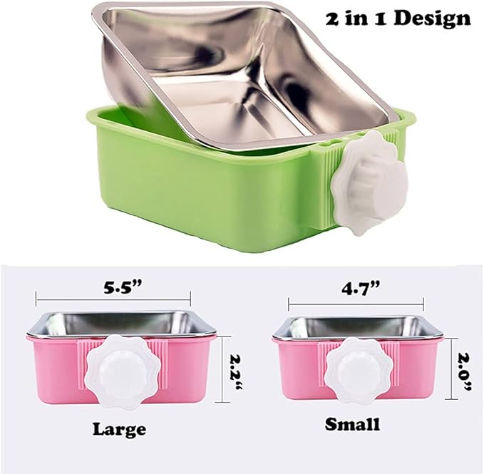 Love Dream Crate Dog Cat Bowls, Hanging Pet Cage Food Water Feeder with Removable Stainless Steel Bowls and Bolt Holder for Puppy Cat Rabbit Birds (Small, Green)