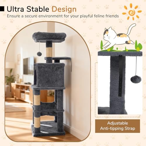 DORTALA Cat Tree for Indoor Cats, 44" Modern Cat Tower with Top Perch, Condo, Hammock, Sisal Scratching Posts, Dangling Balls, Platforms, Multi-Level Pet Climbing Furniture Playground (Grey) - Image 3