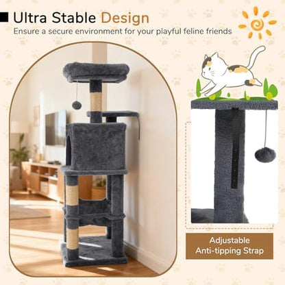 DORTALA Cat Tree for Indoor Cats, 44" Modern Cat Tower with Top Perch, Condo, Hammock, Sisal Scratching Posts, Dangling Balls, Platforms, Multi-Level Pet Climbing Furniture Playground (Grey) - Image 3