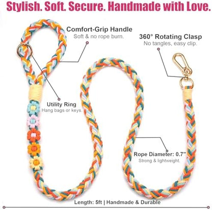 5FT Braided Cotton Rope Leash for Small, Medium and Large Dogs,Rainbow Mix - Image 6