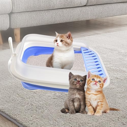 High Sided Cat Litter Box, Anti-Splashing Low Entry Cats Litter Pan with Scoop Collapsible Foldable Shallow Kitten Potty Toilet Waterproof Cat Travel Litterbox Semi-Enclosed Easy Clean(Blue) - Image 3