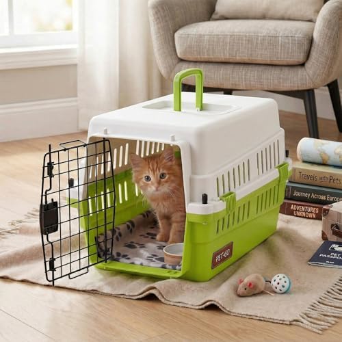 Hard-Sided Pet Carrier for Cats and Small Dogs, 20" Sturdy Travel Kennel with Secure Wire Door & 360° Ventilation, Portable Plastic Crate for Vet Visits & Car Travel (White/Green) - Image 5