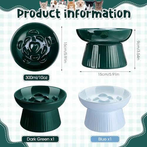 Tioncy 2 Pcs Ceramic Elevated Slow Feeder Cat Bowl, Dark Green, Blue - Image 2