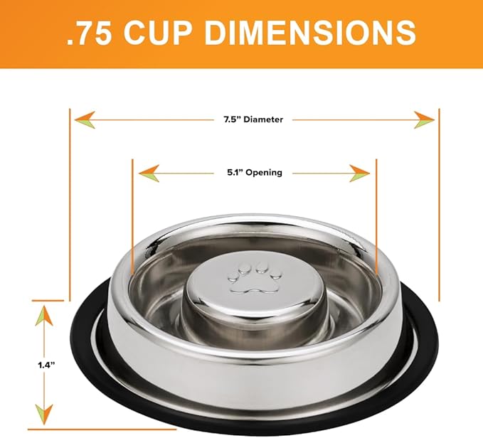 Neater Pet Brands Stainless Steel Slow Feed Bowl - Non-Tip & Non-Skid - Stops Dog Food Gulping, Bloat, Indigestion, and Rapid Eating (.75 Cup)