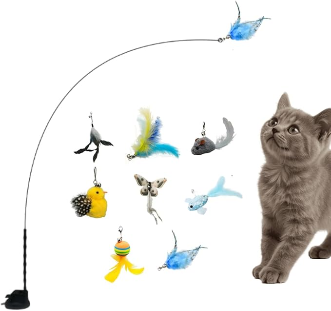 Cat Wand Toy with Suction Cup, Including 8Pcs Refills (Bird, Feather, Mouse, Butterfly, Ball, Chick, Fish), and can be Used as Individual Wands When Detached