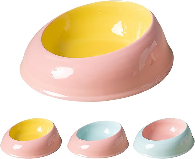 15° Inclined Cat Bowl Optimal Neck Support, Effortless Eating 6.89-Inch Wide and 2.05-Inch Tall Saucer with 7.04-Ounce Capacity Pet Bowl for Cats and Small Dogs（Pink Yellow）
