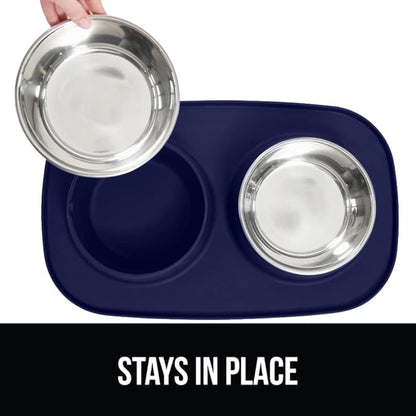 GORILLA GRIP Feeding Mat Bowl Set, 4 Cup 100% Waterproof BPA Free Silicone, 304 Stainless Steel Cat and Dog Bowls for Food and Water, Slip Resistant, High Edge, US Designed, Patent Pending, Navy Blue