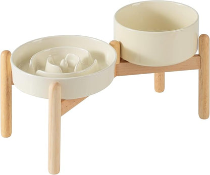 Ceramic 1.2 Cup Raised Slow Feeder Dog Bowl Set, Elevated 6.1inch Bowl and 7.3inch Puzzle Slow Food Dish with Wooden Stand for Medium and Small Dog, Anti-Gulping (2 xLight Yellow+ Stand)