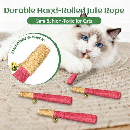 4 Pack Hand-Rolled Catnip Sticks with Chew Rope & Bell -Shaped Cat Toys for Indoor Cats and Kicker Toys, Teething Chew and Play Fun (Pink) - Image 2