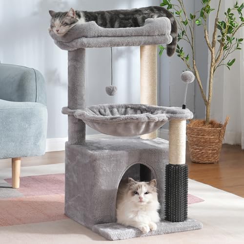 Cat Tree 32” Small Cat Tower with Large Hammock 16”& Self Groomer by Pawfessor