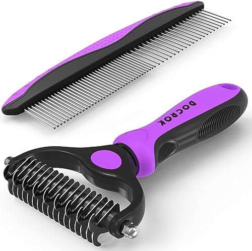 Docrok Pet Grooming Brush and Metal Comb Combo - Undercoat Rake for Dematting and Deshedding Long Matted Haired Dogs and Cats, Purple by DOCROK