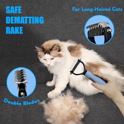 Grooming Brush Kit - 5pcs for Shedding & Matted Fur, Self-Cleaning with Flea Comb for Indoor Long-Haired Cats, Blue - Image 3
