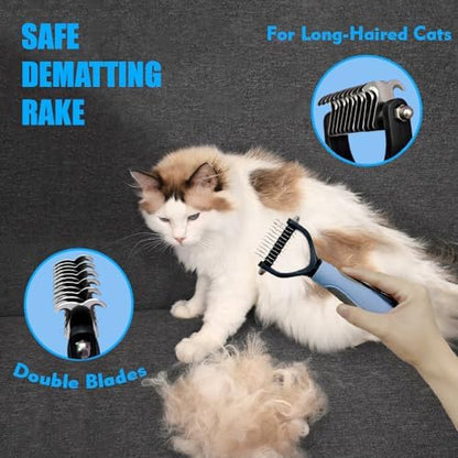 Grooming Brush Kit - 5pcs for Shedding & Matted Fur, Self-Cleaning with Flea Comb for Indoor Long-Haired Cats, Blue - Image 3