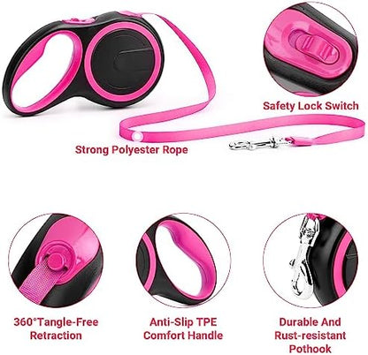 Segarty Pink Retractable Dog Leash, 16ft Heavy Duty Walking Dog Leash for Medium Small Dogs up to 44lb, Anti-Slip Handle 360°Tangle-Free Nylon Tape, One-Handed One Button Lock and Release - Image 3