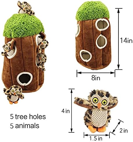 Glow Pups Dog Puzzle Toy Tree with Hide and Seek Squeaky Owl Plush Toys, Interactive Fun for Small and Medium Dogs, Promotes Mental Stimulation, Large Green Forest Animal