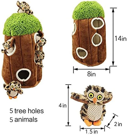 Glow Pups Dog Puzzle Toy Tree with Hide and Seek Squeaky Owl Plush Toys, Interactive Fun for Small and Medium Dogs, Promotes Mental Stimulation, Large Green Forest Animal