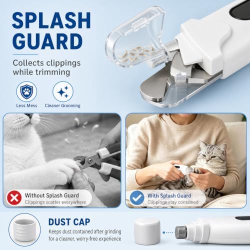 2-in-1 Dog Cat Nail Clippers & Grinder with LED Light, Pet Nail Trimmer with Splash Guard & Safety Lock, 2 Speeds USB Rechargeable Quiet Paw Nail Cutter for Large Medium Small Dogs Cats (White) - Image 3