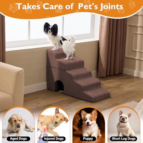 Ahpmeoa Dog Stairs for Bed 23'' H, 5-Step Dog Steps for High Bed, Brown - Image 5